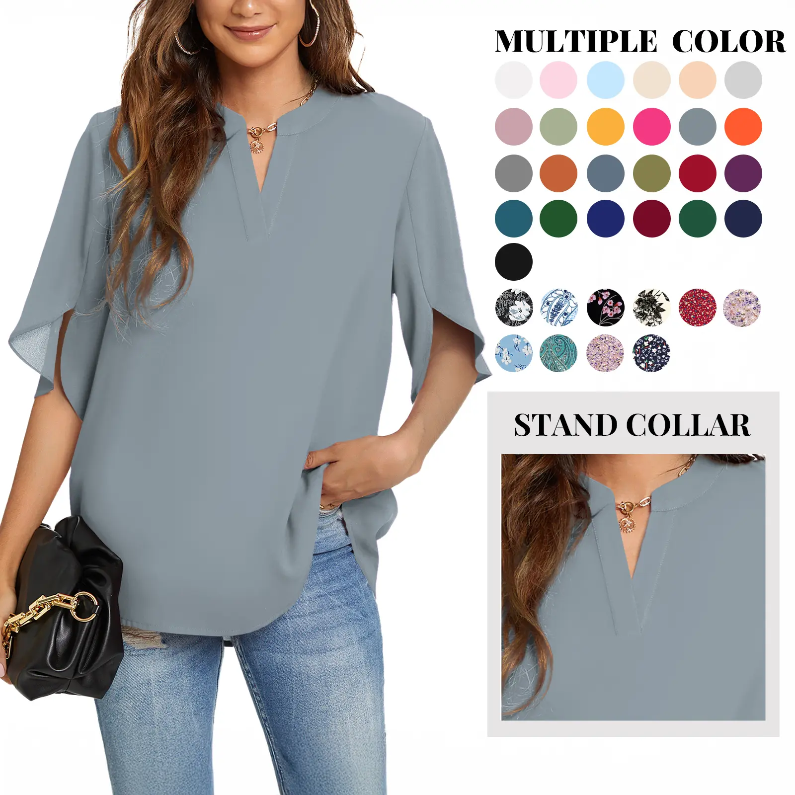 Elegant Chiffon Blouse for Women, Cute V-Neck Top with Ruffle Split Sleeves for Office OOTD and Going Out, Fabric, Holidays, Office Work Clothes, Business Casual Tops, Trendy Blouses, Shirt, Classy Tops Going Out