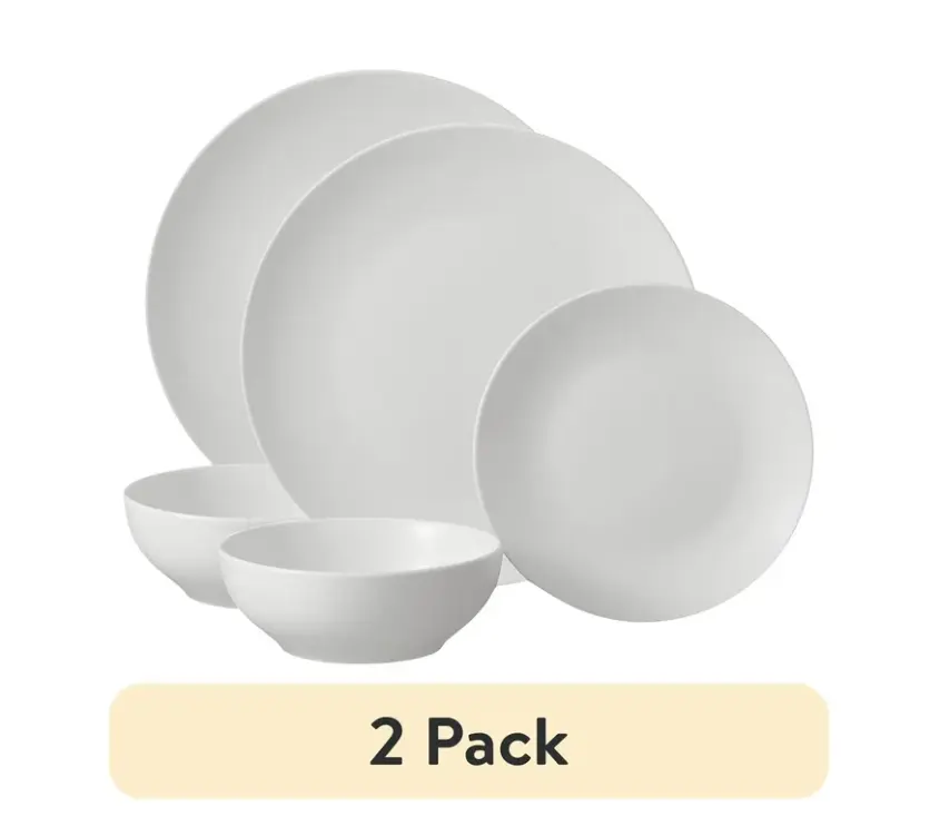 (2 pack)   Glazed White Stoneware Dinnerware Set, 12-Pieces