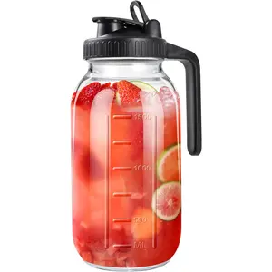 64oz Glass Pitcher with Lid, 2 Quart Wide Mouth Glass Jug with Spout, Fridge Container for Water, Juice, Sun Tea, Cold Brew Coffee