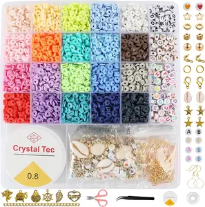 5040 Pcs Clay Beads Bracelet Making Kit, Flat Round Polymer Heishi Clay Beads Preppy Friendship Bracelet Set with Charms and Elastic Strings for Jewelry Earrings Making（Multicolour）