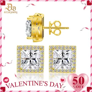 Delzzad 14K Gold-Plated Princess Halo Stud Earrings Lab-Created Moissanite Stud Earring S925 Sterling Silver Moissanite Jewelry Perfect Christmas Gift for Men Women