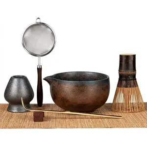 7-Piece Matcha Whisk Set with Handmade Matcha Bowl & 100-Prong Purple Bamboo Whisk Complete Matcha Kit with Holder Scoop Rest Bamboo Tea Mat Gift-Ready Matcha Set