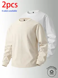 2-pack men’s crewneck sweatshirts: minimalist casual loose-fit tops with long sleeves featuring a vertical texture design and solid basic styles, made from skin-friendly, breathable fabric—ideal for everyday commuting outfits.