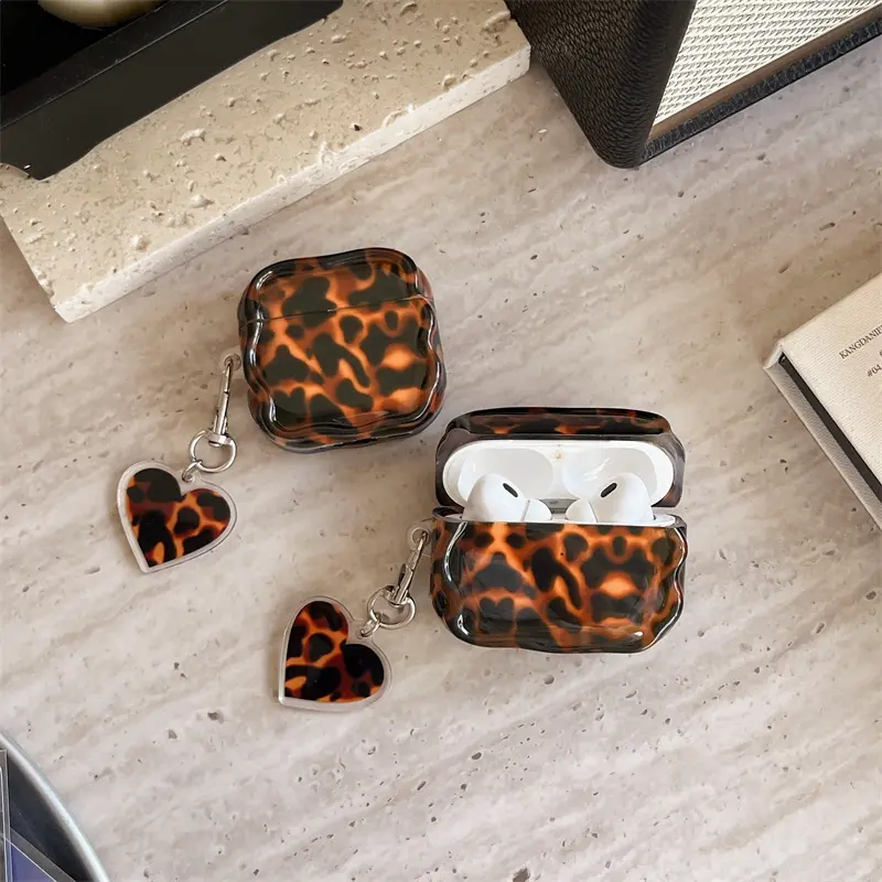 Autumn/Winter Brown Leopard Pattern | Love Pendant | Twisted Edge Earphone Cover | Best Friend Gift | Accessories for Airpods 3 4 pro2 pro3 Protection Headset Headphones Earbuds