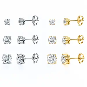 3Pairs-14k Gold-Plated 5/6/7MM Solitaire Four Prong Earrings Butterfly Back Lab-Created CZ Stud Earring S925 Sterling Silver Moissanite Jewelry Perfect Birthday Mother’s Day Christmas Gift for Men Women Wedding Set Round aretes elegantes party daily wear