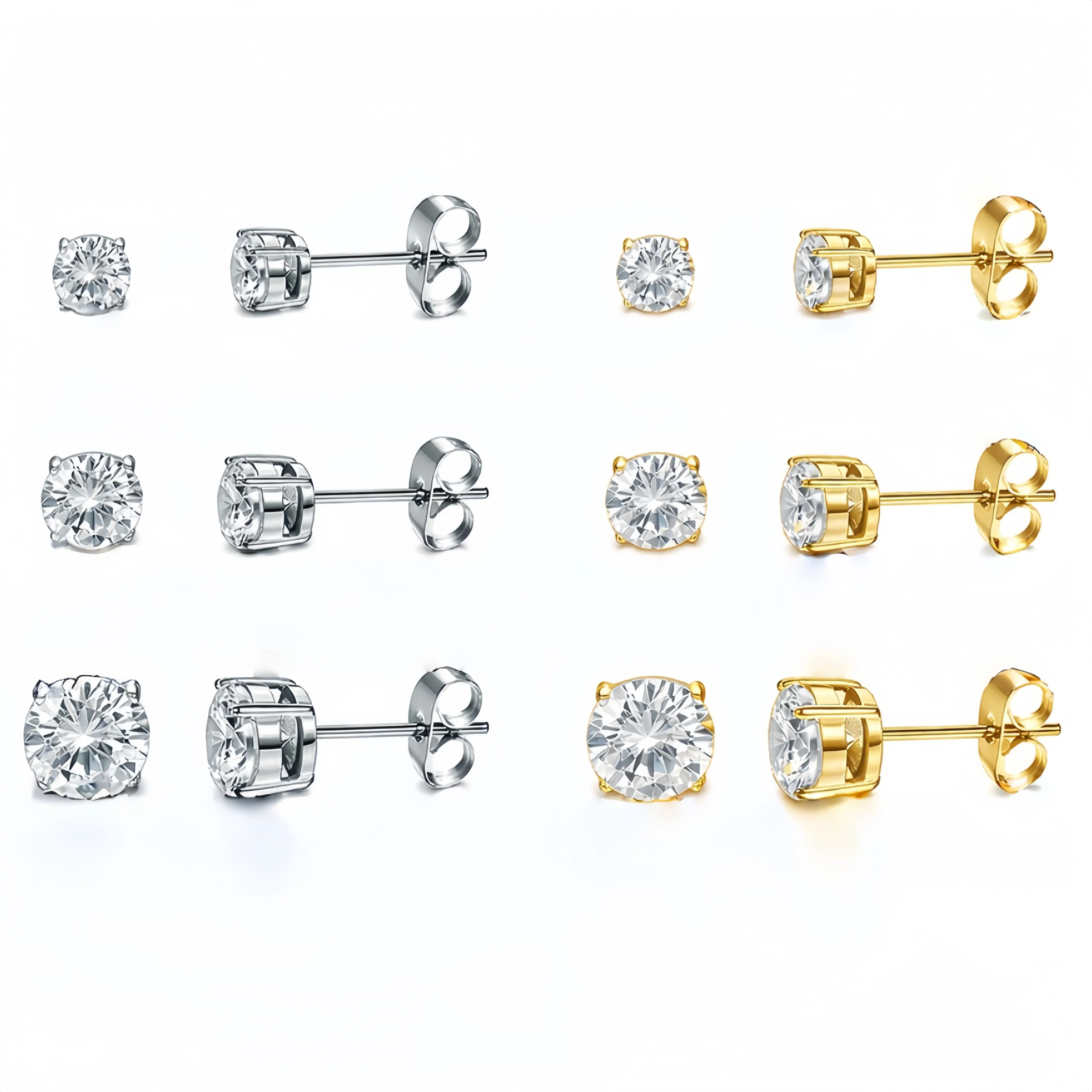 3Pairs S925 Sterling Silver 14k Gold-Plated 5/6/7MM 4-Prong Solitaire Earrings - Lab-Created CZ Studs, Butterfly Back, Men's Earrings, Ideal Birthday/Wedding Gift for Men & Women, Daily/Party Wear Jewelry