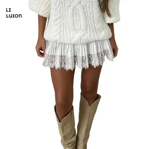 Women's Lace Mini Skirts Casual Low Waist Solid Color Loose Fit Pleated Skirts Summer A-line Skirts