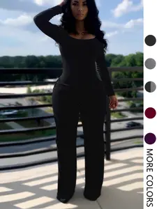 Women's Sexy Fitted Plain Long Sleeve Jumpsuit, Fall & Winter Fashion, Low Neck Pocket Design, European Style, Casual Wear