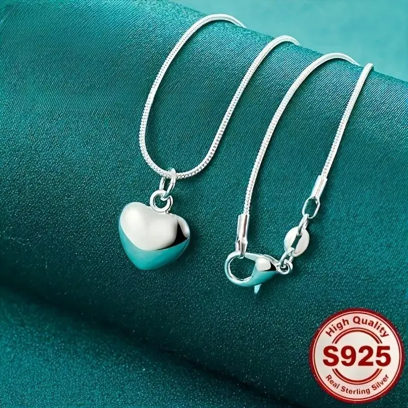 Women's 925 Sterling Silver Heart Charm Necklace - 15 g, 45 cm Shiny Silver Jewelry, Daily Wear, Wedding Party Gift for Girlfriend, Heart Charm Necklaces, Shiny Silver Necklaces