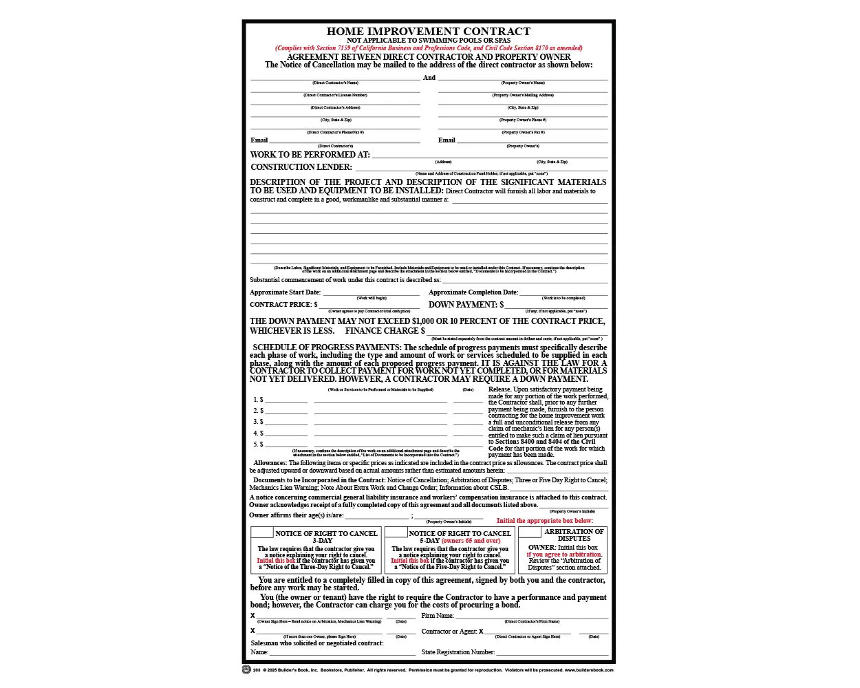 Home Improvement Contract Pack of 25 Forms for California Home Renovations Legal Protection with 3 Copies & Additional Notices