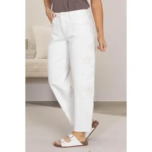 Risen White Tummy Control Barrel Floral Patch Jeans
