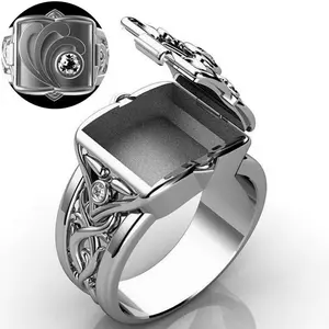 Gold Diamond Inlay Men's Ring with Openable Lid Elegant Fashionable Jewelry Accessory