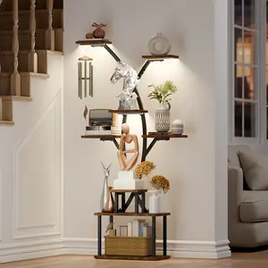 8 Tier Display Shelf with Lights, 64.8" Tall Corner Bookshelf for Living Room Decor, Black Staggered Bookcase for Collectibles, Standing Rack Shelves for Bedroom, Office Home Plant Stand for Living Room