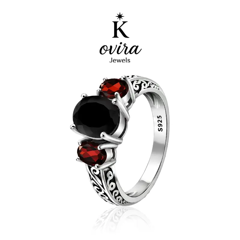 Kovira S925 Sterling Silver Vintage Inspired Fashion Ring - Black Obsidian & Red Zircon 3-Stone Unique Ring, Everyday Wear, Fine Jewelry Gift, Fashion Rings, Vintage Inspired Ring
