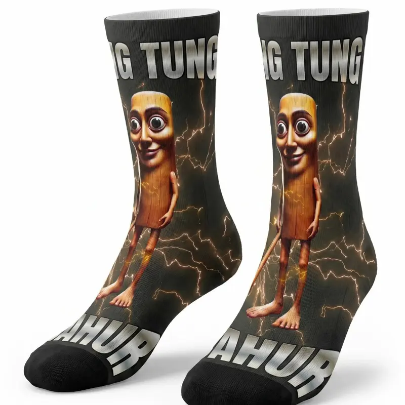 1/3 pair of BIIHUDU Men's Italian Brainrot Pinstripe Socks – Yellow “tung tung tung sahar” print socks, all-over print design, Casual Fashion Socks