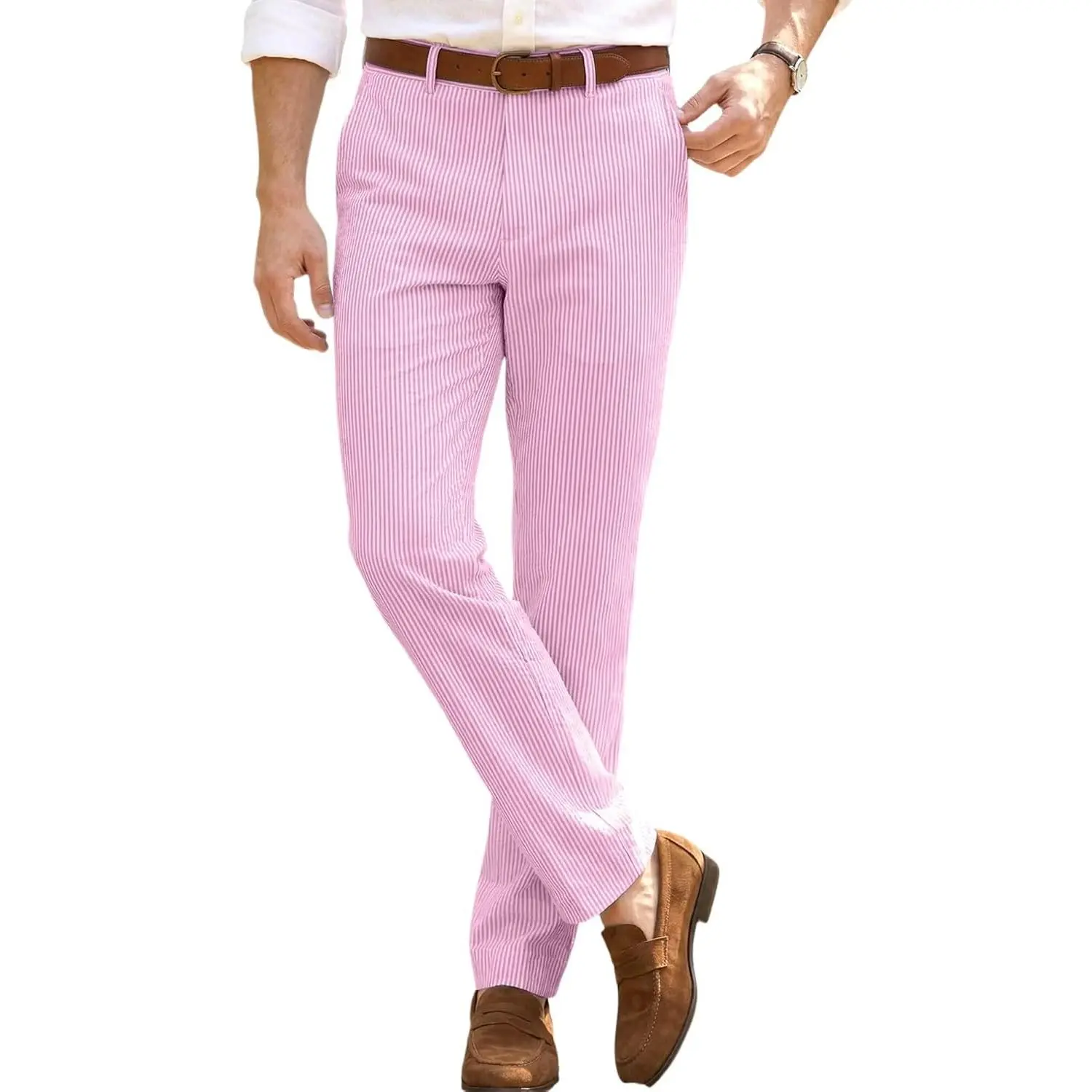 Mens Seersucker Stripe Bubble Trousers - Casual Summer Menswear Outdoor Jackets Compatible Prom Wedding Grooms Outfit Dress Pants, Soft
