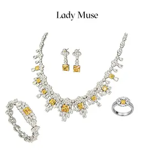Yellow color 4 pieces set, lab-created diamond and 925 silver# necklace bracelet earrings ring/exquisite craft/easy to match, suitable for any occasion