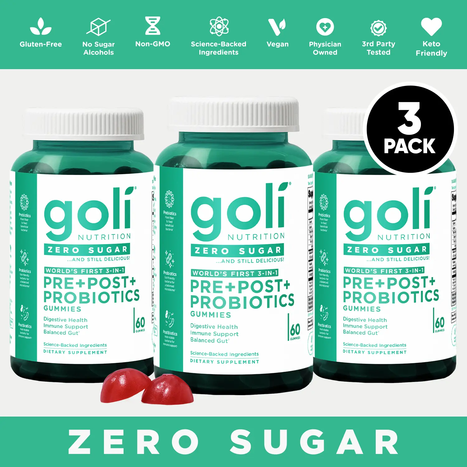 3 Bottles of Goli Zero Sugar World's First 3-in-1 Pre, Post, Probiotic Gummies - Gluten Free, Vegan, Non-GMO, & Gelatin-Free. 3 Bottles of Goli Zero Sugar World's First 3-in-1 Pre, Post, Probiotic Gummies - Gluten Free, Vegan, Non-GMO, & Gelatin-Free.