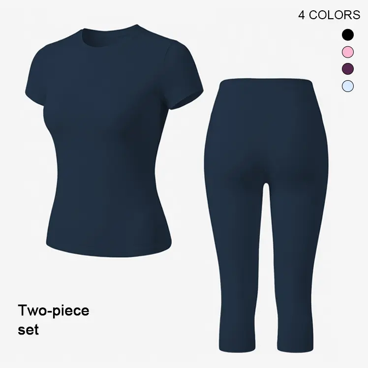 Womens Breathable Body Shaping Yoga Sports Set, High Waist Quick Dry Three-Quarter Shorts Summer Fitness Workout Outfit