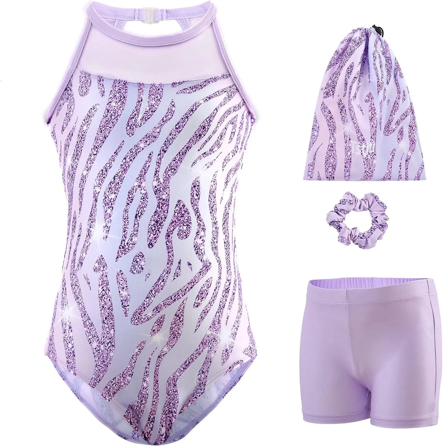 Gymnastics Leotards for Girls Clasp Back 4-Piece | for 3-12 Years, including leotard, shorts, Scrunchie, storage bag, Sleeveless, Stretchy Fabric, Clasp Back, Mesh