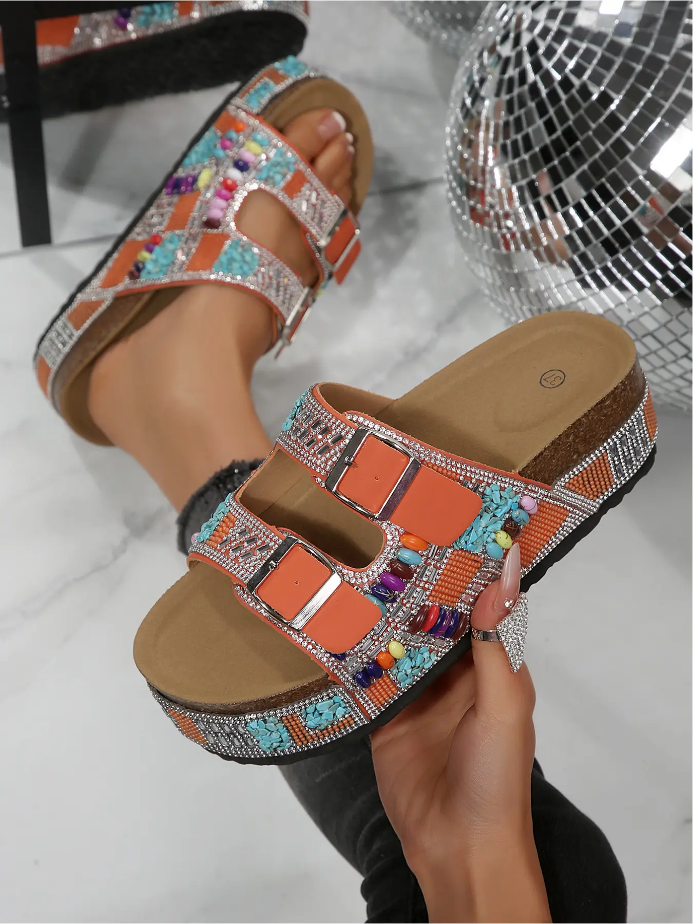 Women's Summer Fashion Thick Sole Sandals Bohemian Style Embellished Platform Sandal Buckle Design Sandals 2026 New Arrival Strappy Metal Buckle Studs Decorated Height Incr Beach Shoes Adjustable Strappy Sandals