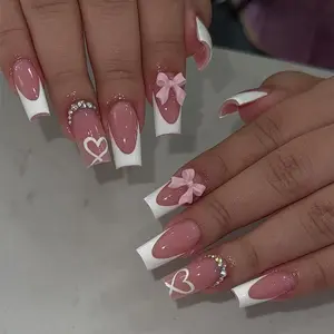 Heart & Bow Decor Fake Nails with Nail File & Tape, 24pcs Long Square Press on Nails for Women & Girls DIY Nail Art, Elegant Sparkly Rhinestones Decorated, Glitter Decorative Nails