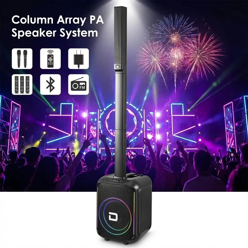 Portable Array PA DJ Speaker System w/ 12" Subwoofer, Bluetooth 5.0, Rechargeable Battery, Built-in Mixer, for Outdoor Wedding, Church, Party