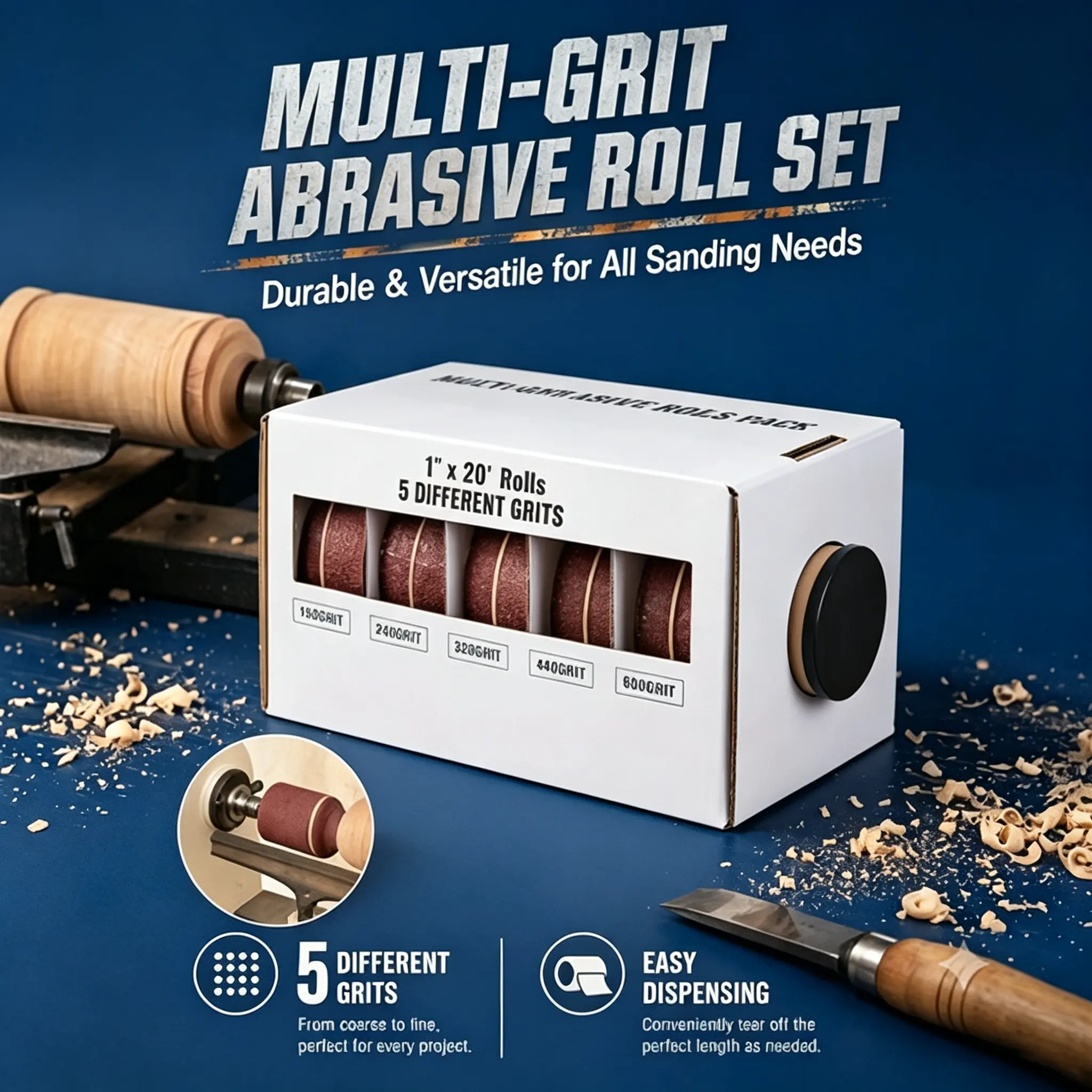 All-in-One Multi-Grit Sandpaper Roll Dispenser Set—Includes 150–600 grit flexible abrasive cloth rolls; heavy-duty rolls suitable for woodturning, automotive repair, and DIY craft sanding.