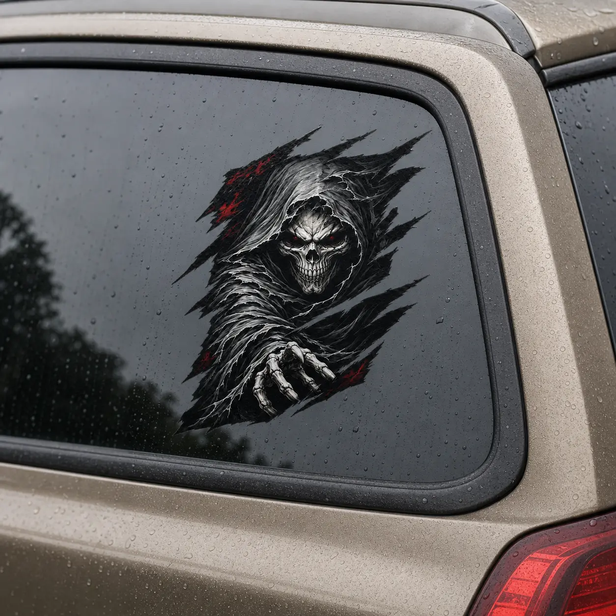 Hooded Skull Car Window Decal, Gothic Vinyl Vehicle Sticker, Waterproof UV Resistant Peel-and-Stick Exterior Accessory