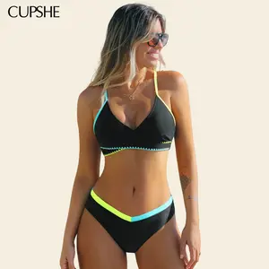 CUPSHE Electric Spark Diamond Neckline Low-rise Black Swimsuit Bikini Set Swimwear Bathing suit #tiktokshopmemorialday, Bikini Bottoms, Nylon