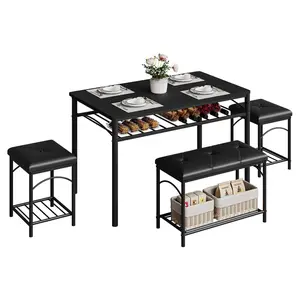 Gaomon 4-Seat Modern Wood & Metal Dining Table Set, Space Saver with Upholstered Benches & Nesting Bases, Compact Kitchen Dining Set for Apartments, Breakfast Nooks