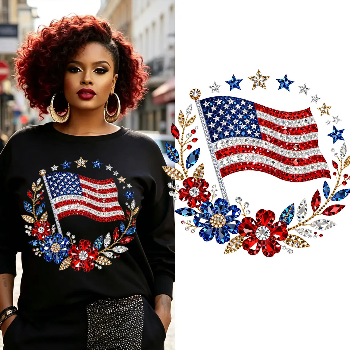 DTF Iron-On Transfer Paper Stick-On Adhesive Applique - 4th of July Patriotic Decor, DIY Supplies, US Pride, Non-Rhinestone American Flag Floral Stars, Washable Long-Lasting T-Shirt Home Textile Sewing Decor, Gifting Option, Fabric Item, Transfer Paper Ap