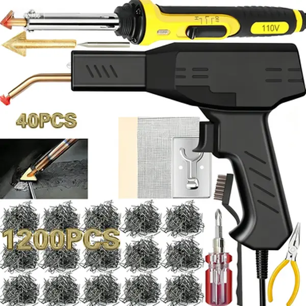 5-in-1 Plastic Welding Kit with 1200 Staples & 40 Rods, 220W Welder Tool for Bumper Repair, Includes Welding Tips, Tape, Sandpaper, Wire Mesh, Stand, Metal Brush, Screwdriver, Complete Welding and Repair Kit (Yellow)