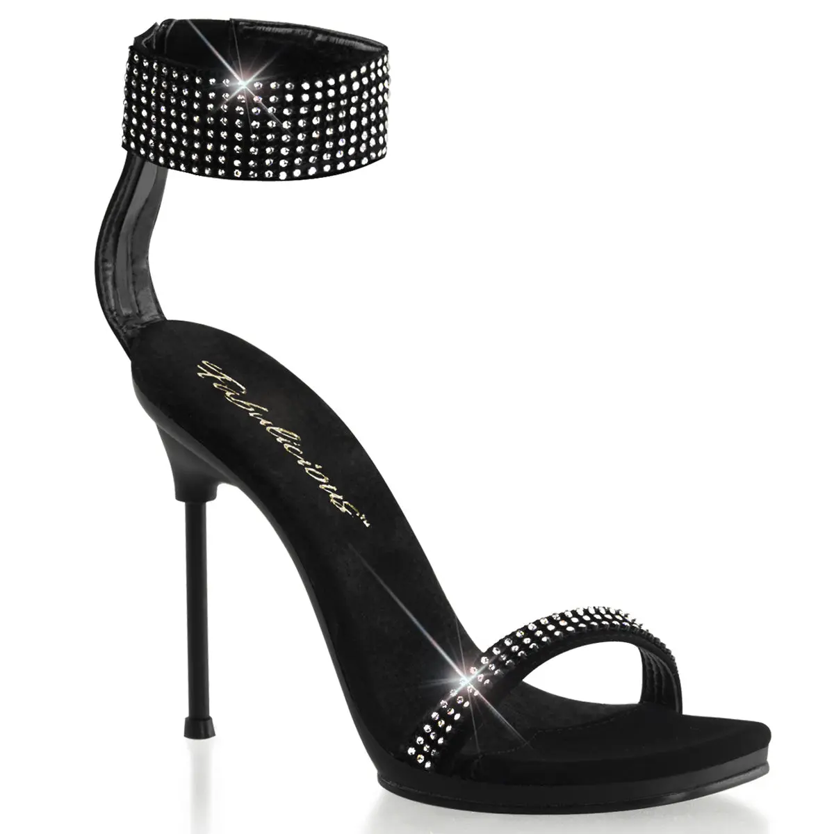 Women's Sparkle Heels - Black Nubuck Stiletto Evening Sandals, 4-in Heel, Rhinestone Decor Straps, Mini Platform Sole, Dressy Party Shoes for Special Occasions, Heels For Women