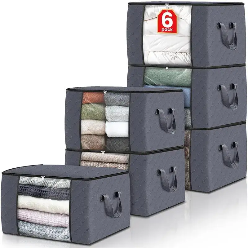 6pcs Foldable Clothing Storage Organizers with Reinforced Handles - Space Saver Zipper Bags for Travel, Room Organization of Clothes, Blankets, Bedding - Home Essentials Luggage & Travel Organizers, Space Saver Bags, Zipper Bag