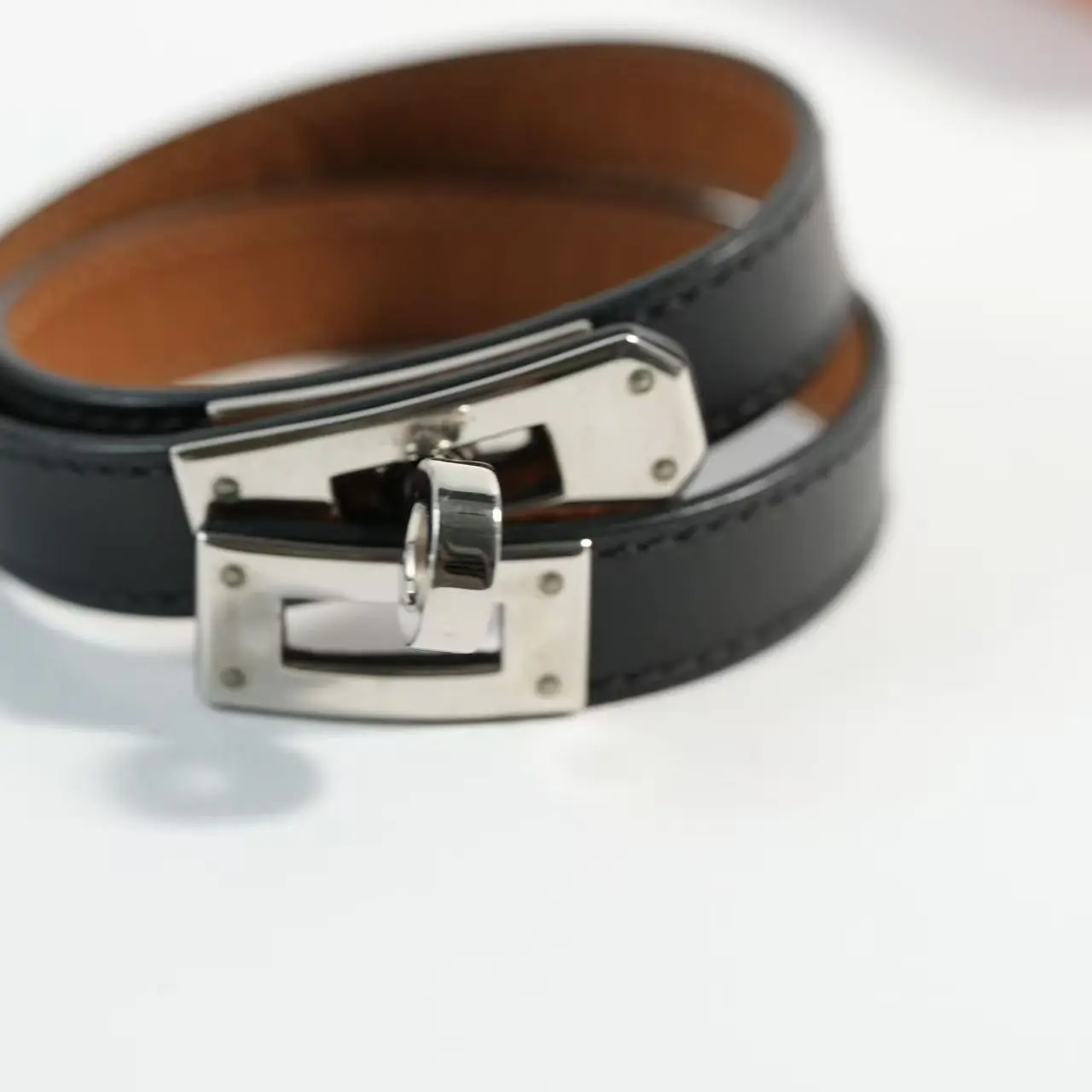 Hermes Black Mini Kelly Double Leather & Silver Hardware BraceletFull Set