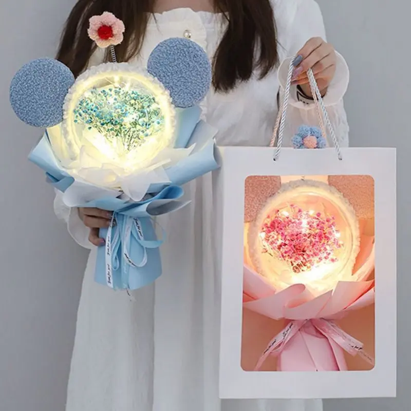 Pink LED-Light Mickey Headband Bouquet with Gift Bag - Everlasting Baby's Breath Floral Arrangement, Bouquet-Shaped Festive Party Supplies for Females (Birthday, Graduation Gifts), Pink + Mickey Headband + Gift Bag + Light, Bouquet-Shaped Party Gifts