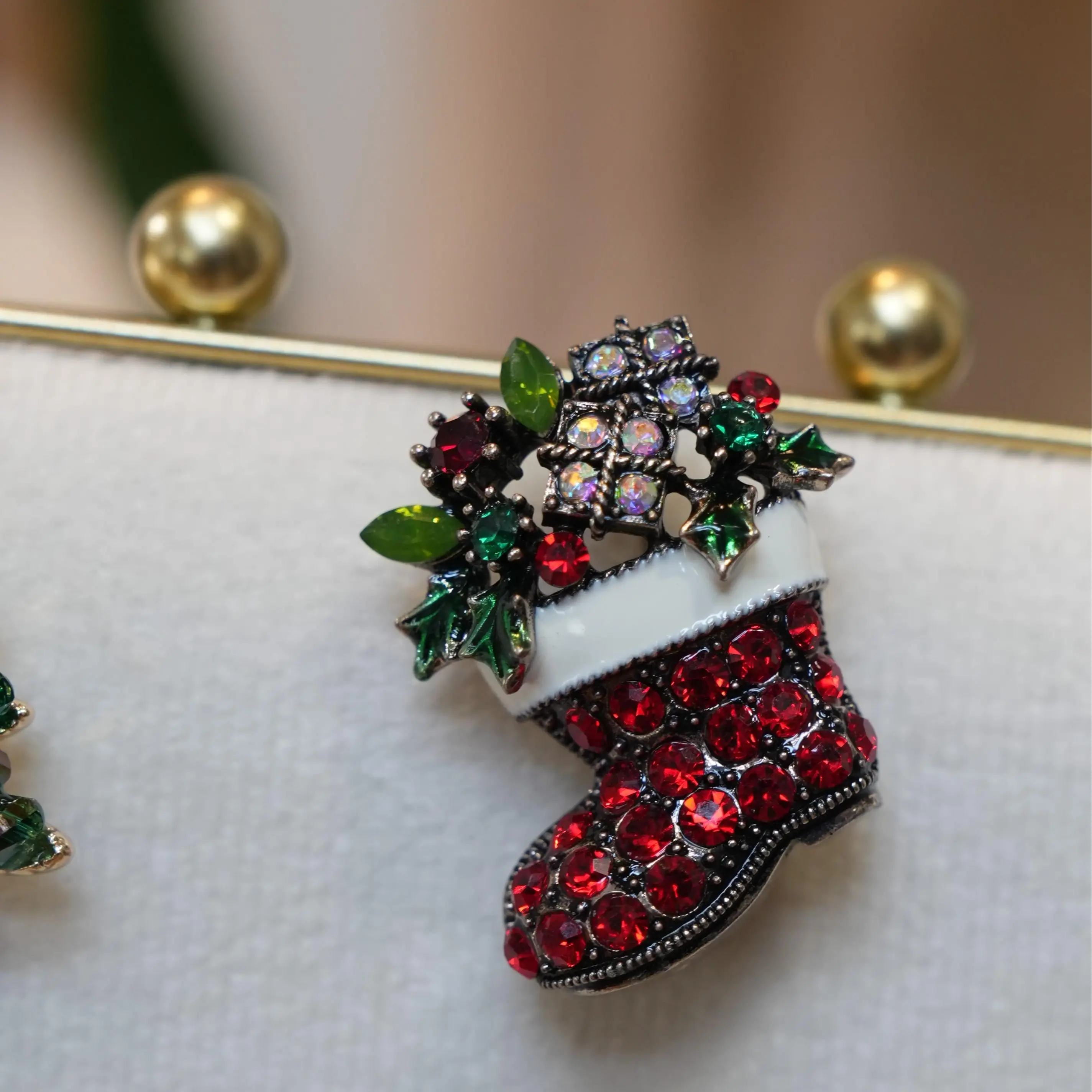 Red Rhinestone Christmas Boot Brooch, Festive Party Accessory, Women Xmas Outfit Jewelry Gif