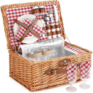 Wicker Picnic Basket for 2 Person, Willow Hamper Basket Sets with Insulated Compartment,  2 Person Picnic Basket Classical Red Check with Utensils Cutlery  for Picnic, Camping