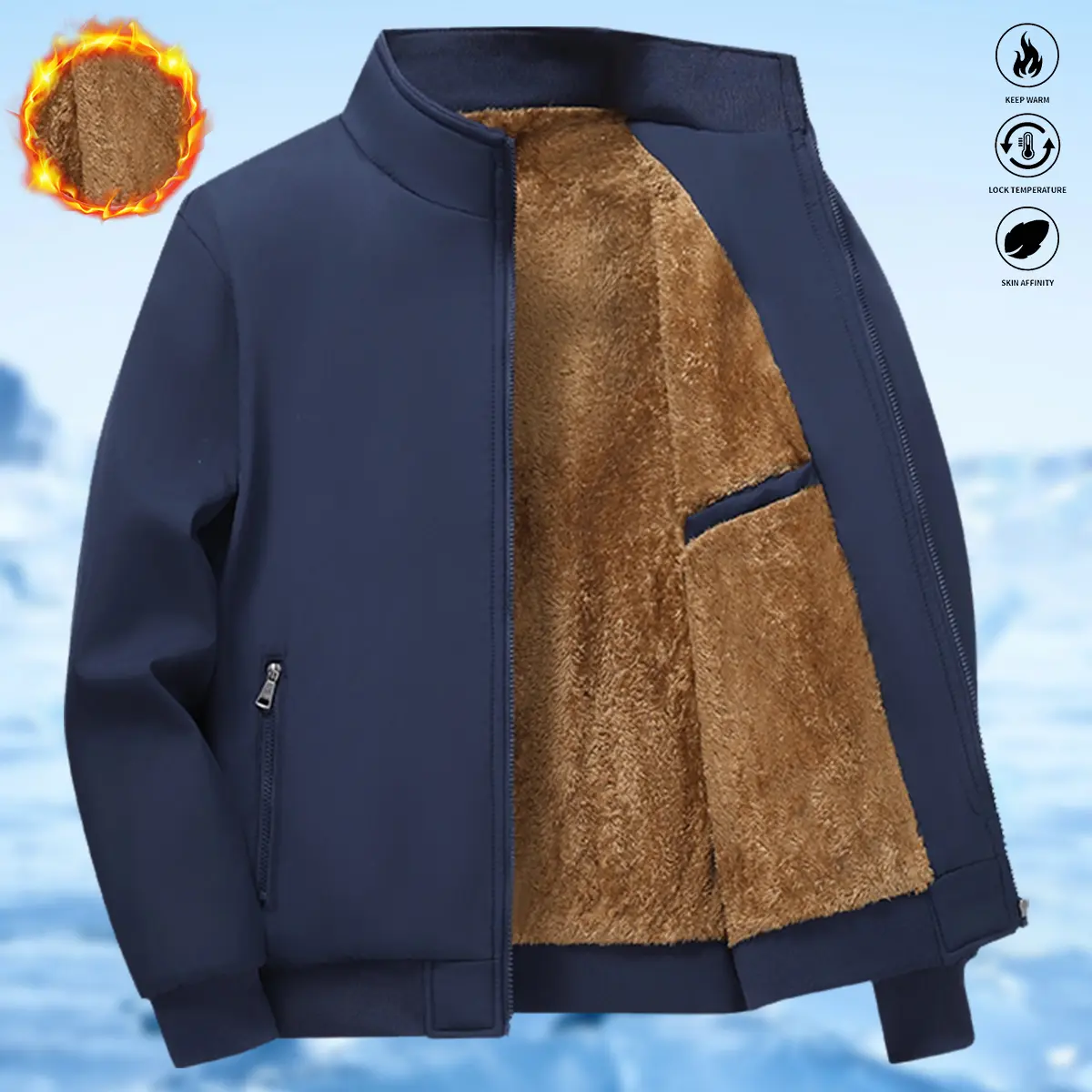 Men's Fitted Plain Stand Collar Jacket - Lightweight Fleece-Lined Outerwear for Holiday, Party & Outdoor Wear
