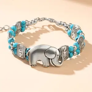 Vintage Bohemian Handcrafted Retro Elephant Charm Bracelet with Turquoise Accents for Women, Ideal for Daily Wear and Gift