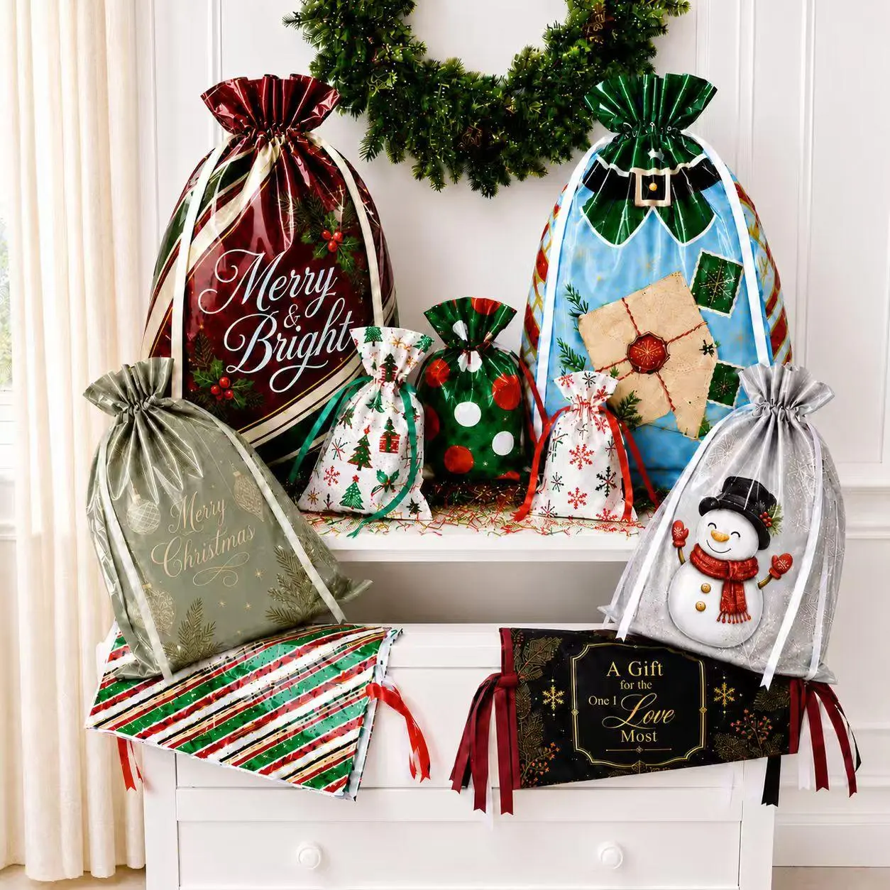 50PCS Christmas Gift Wrapping Set - 25 Festive Prints Party Favor Bags, 25 Tags, Multi-Size Drawstring Gift Pouch for Holiday Use, Goodie Bag Stuffer, Holiday Gifts