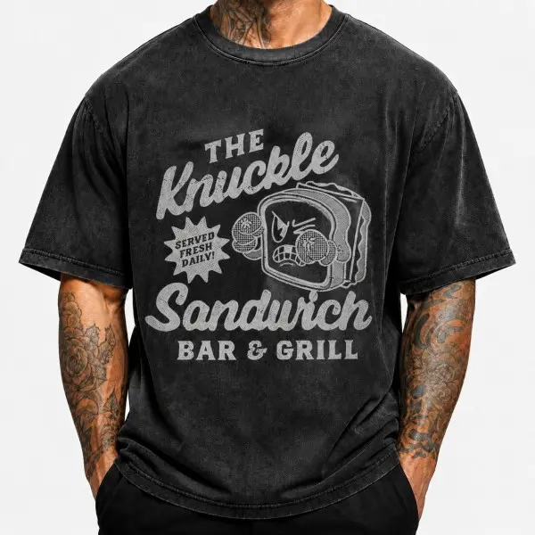 Menswear Vintage The Knuckle Sandwich Bar And Grill Graphic Art Tee - Soft Cotton Washed Fabric, Short-Sleeve Crew Neck, Unisex Classic Tops, Retro Cartoon Meme Novelty Casual Wear For Humor Enthusiasts