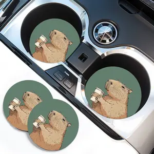 2pcs Capybara Coffee Illustration Car Coaster - Absorbent Rubber Cup Holder with Non-Slip Base, Cute Green Background Design, Fit for Car Cup Holders, Car Accessories