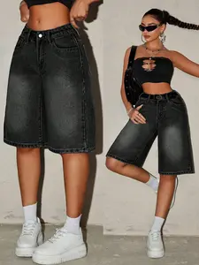 Sweet Cool High-Waisted Baggy Fit Vintage Street Style Wide Leg Womenswear Denim Jeans Capri Bottom Pants, Fashionable Mid-Calf Streetwear Essential Vibe