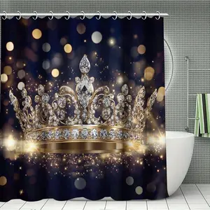 4 Piece Shower Curtain Set for Bathroom with Shiny Sparkling Diamonds and Gold Crown Pattern, Waterproof Polyester, Includes 12 Hooks, Non-Slip Bath Mat, Toilet Seat Cover, U-Shaped Pad, Bathroom Decor