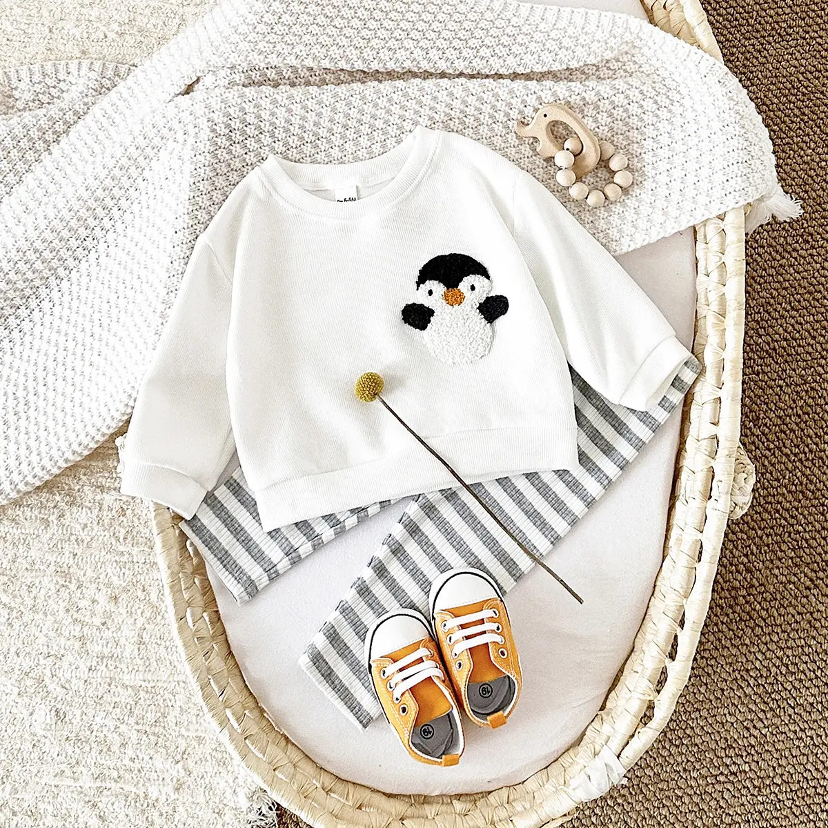Unisex Baby Penguin Fleece 2-Piece Gift Set - Long Sleeve Crew Neck Pullover with Cute Animal Print, Striped Loose Above-Ankle Pants for Infants, Animals, Sweatshirt, Athletic, Fleece Material, 2-Piece Set, 6 - 9 Months, Clothes, Casual, Do Not Dry Clean
