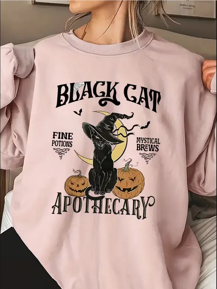 Women'S Plus Size Black Cat Halloween Sweatshirt, Crew Neck Casual Pullover with Slight Stretch, Knit Fabric,  Fall & Spring Fashion
