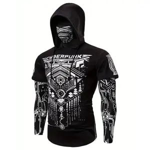 Stretch Polyester Men's Hooded Shirt - Cyberpunk-Inspired Geometric Pattern with Face Mask, Machine Washable - Perfect for Outdoor Activities & Halloween, Fits All Seasons