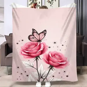 Soft Flannel Blanket - Elegant pink rose and butterfly floral pattern, soft pink and brown tones, comfortable bedspread suitable for all seasons, ideal for travel, camping, and as a sofa throw - Luxurious bedding gift for women birthday celebration